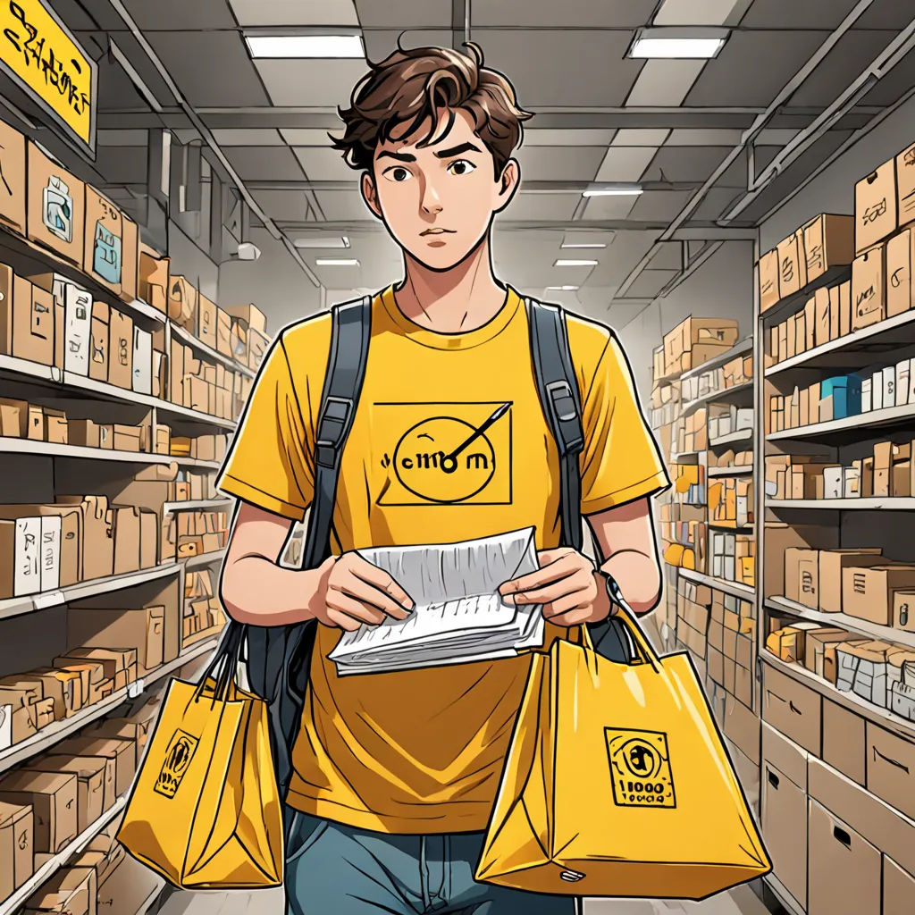 a man in a yellow shirt is holding a book in a store aisle with boxes on the shelves and a nom sign on the front of the book, rayonism, a manga drawing, Cedric Seaut (Keos Masons), official art