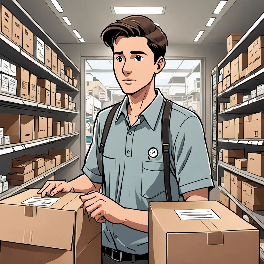 a man standing in a store holding a box in front of shelves of boxes and boxes on the shelves, remodernism, a comic book panel, Cedric Seaut (Keos Masons), official art