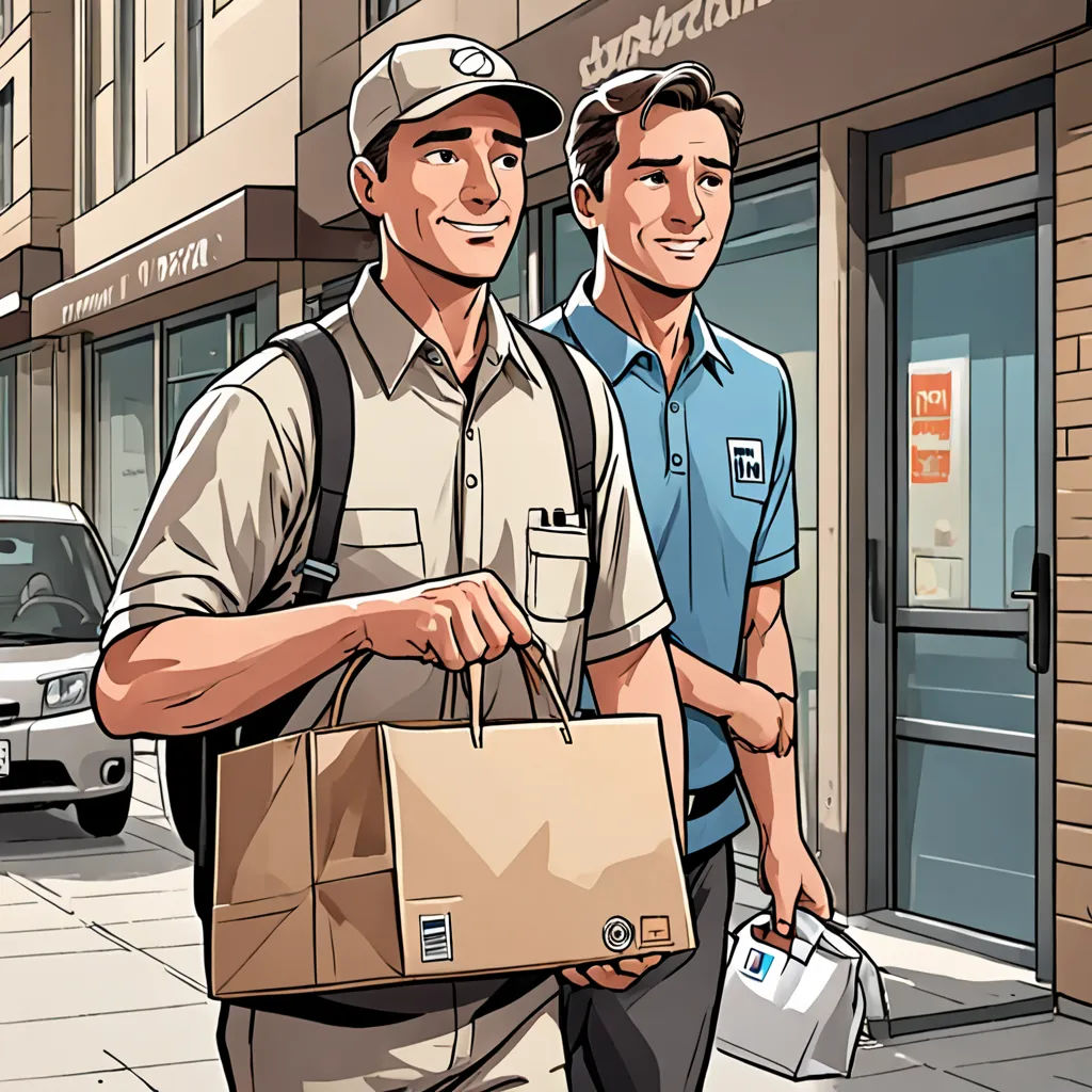 two men walking down a street holding shopping bags and a briefcase in their hands, with a van in the background, private press, a comic book panel, Asaf Hanuka, high detail illustration