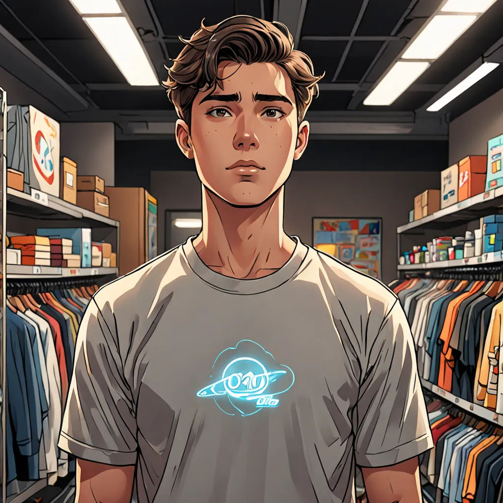a man standing in a store with a t - shirt on and a t - shirt on his chest, sots art, a comic book panel, David Park, rossdraws global illumination
