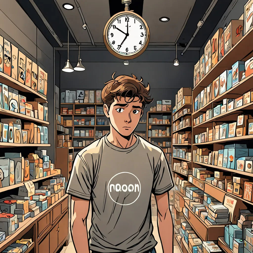 a man standing in a store with a clock above him and shelves of books behind him and a clock above him, rayonism, a comic book panel, Asaf Hanuka, comic cover art