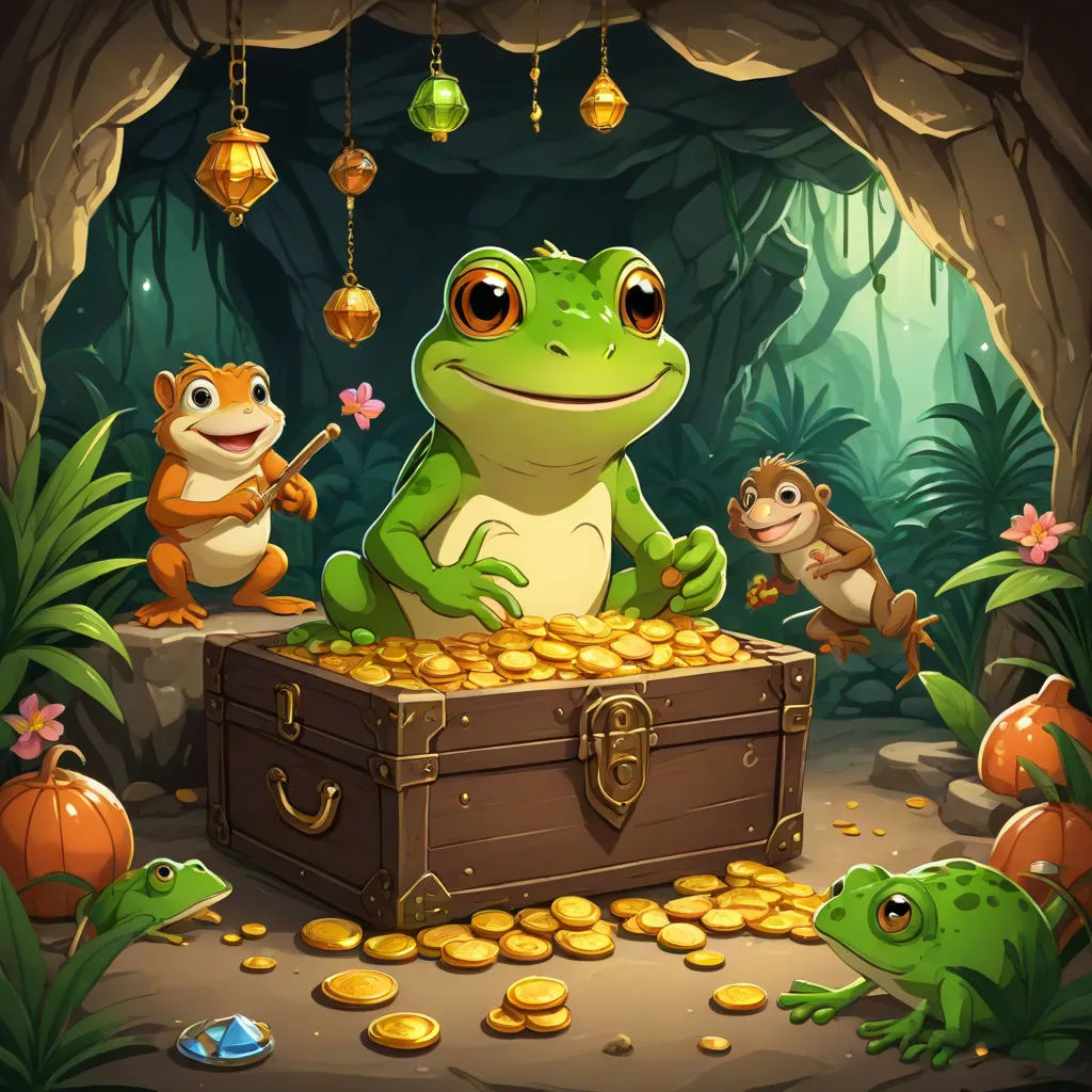 a frog sitting on a trunk with other animals around it and a bunch of gold coins in front of him, fantasy art, concept art, Andries Stock, rossdraws global illumination