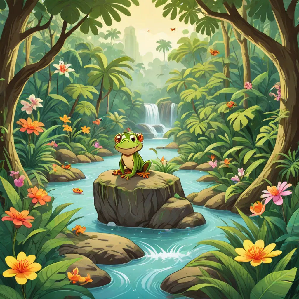 a frog sitting on a rock in a jungle with a waterfall and flowers around it illustration by alex macinne, fantasy art, concept art, Andries Stock, jungle
