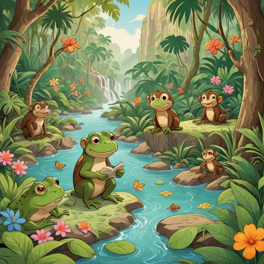 a group of frogs sitting on a rock in a forest with a stream and waterfall in the background illustration, art & language, a storybook illustration, Chris LaBrooy, storybook illustration
