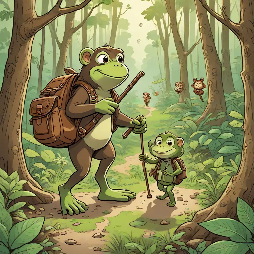 a cartoon frog and a frog with a backpack in the forest with a frog on a stick in front of them, fantasy art, a storybook illustration, Andries Stock, promotional image