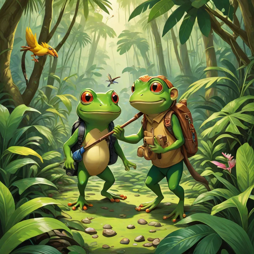 two frogs are standing in the middle of a jungle with a bird on their back and a bird on their shoulder, fantasy art, a storybook illustration, Andries Both, official art