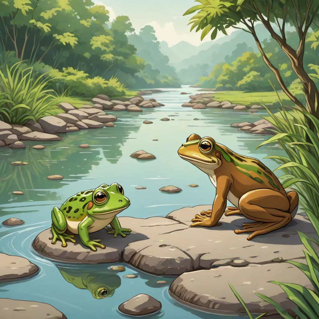 a frog and a frog sitting on rocks in a riverbank near a forest with rocks and grass and a stream, naturalism, a storybook illustration, Andries Both, storybook illustration