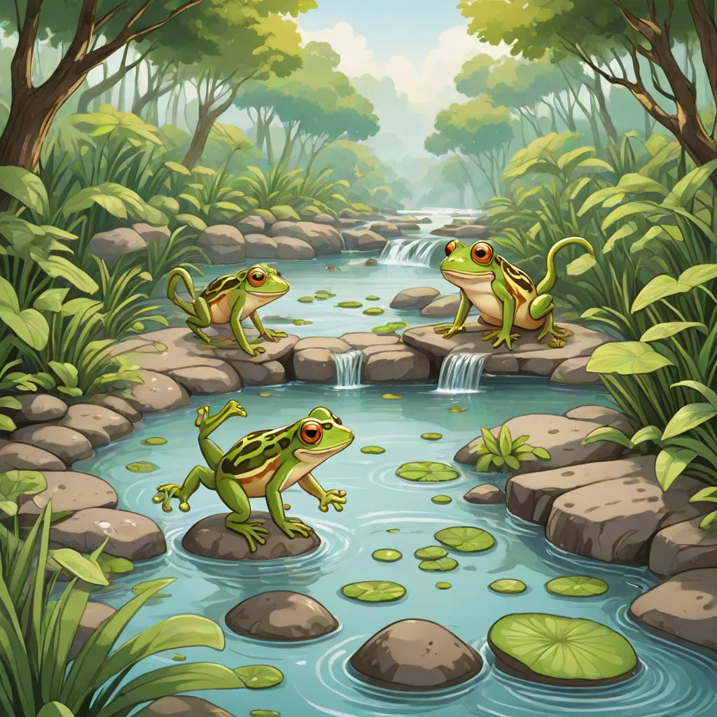 a river with two frogs jumping over rocks and lily pads in the water and a waterfall in the background, fantasy art, concept art, Andries Stock, game art