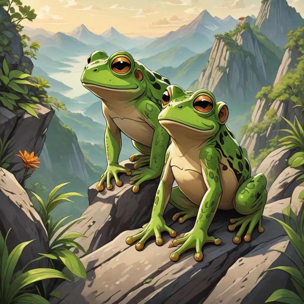 two green frogs sitting on a rock in the mountains with a flower in the foreground and a mountain range in the background, fantasy art, a detailed painting, Brothers Hildebrandt, hearthstone