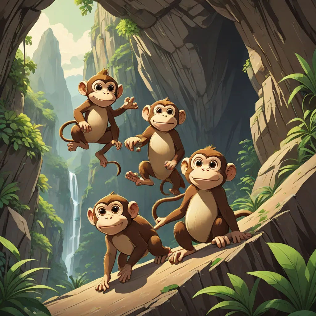 a group of monkeys hanging out in a jungle with a waterfall in the background and a waterfall in the foreground, primitivism, a poster, Chris LaBrooy, official art