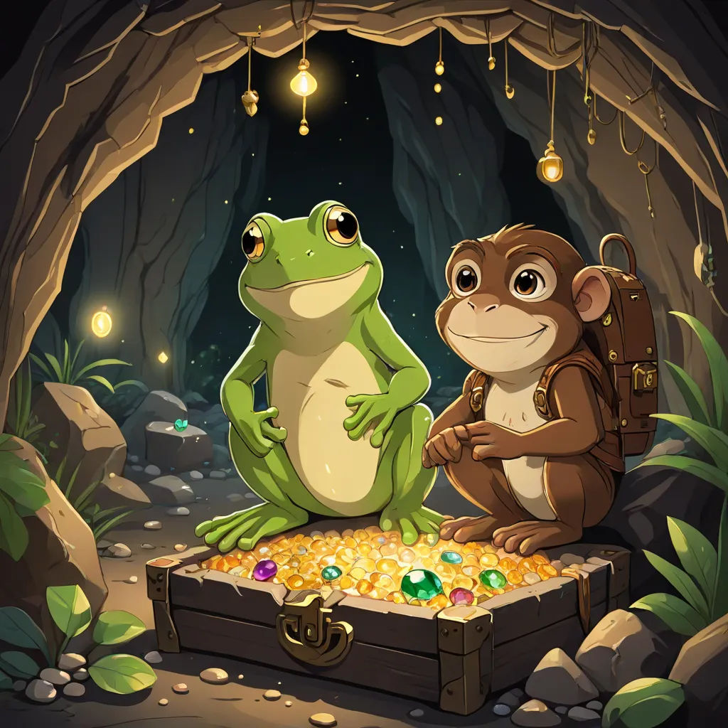 a frog and a frog sitting on a trunk in a cave with a gold coin in its mouth and a frog sitting on a trunk in the other, fantasy art, a storybook illustration, Andries Stock, rossdraws global illumination