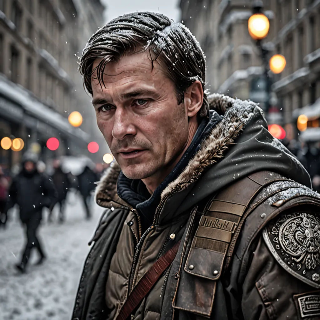 a man in a leather jacket standing in the snow in a city street with a street light in the background, antipodeans, a character portrait, Clark Voorhees, promotional image