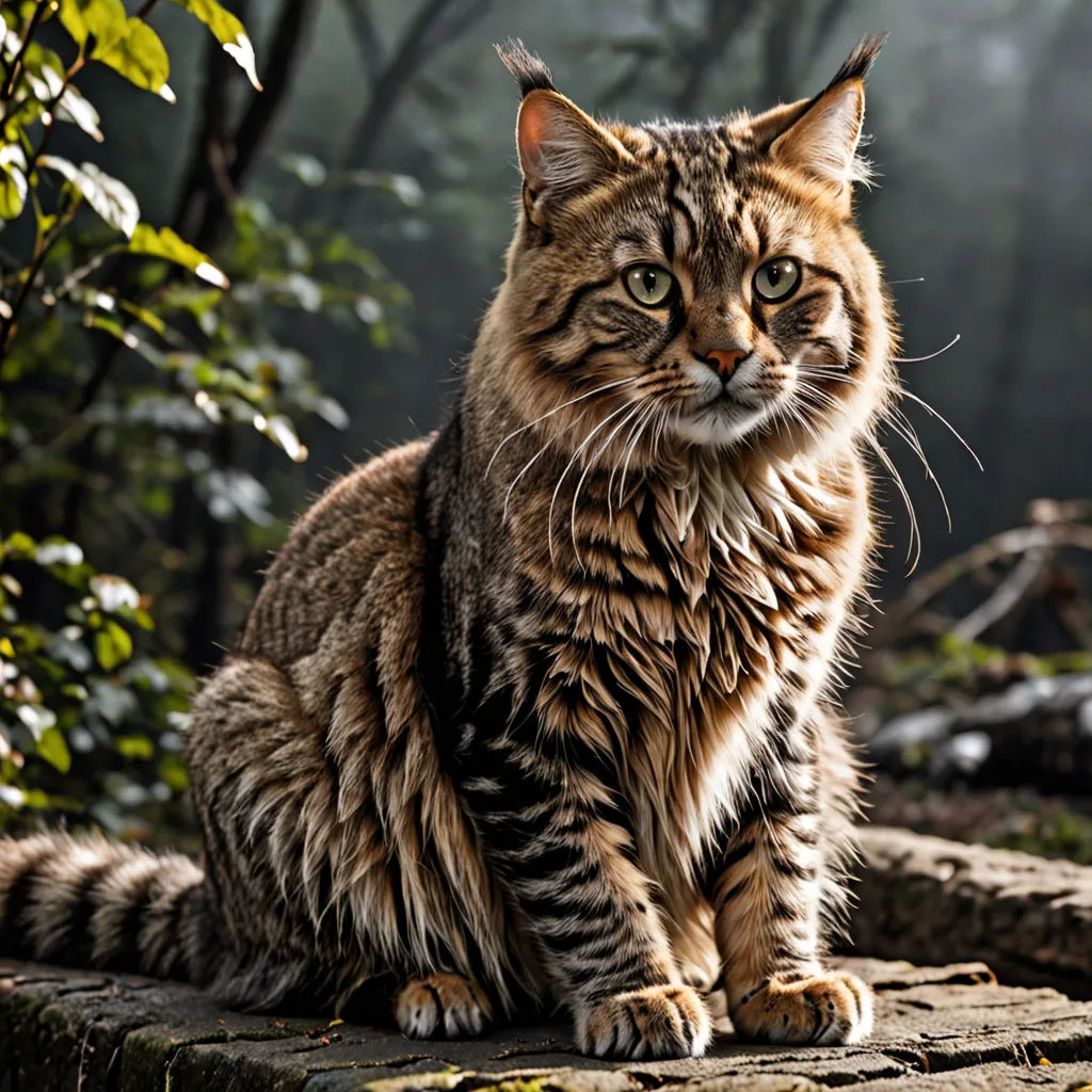 a cat sitting on a rock in the woods looking at the camera with a blurry background of trees and bushes, sumatraism, computer graphics, Altichiero, animal photography