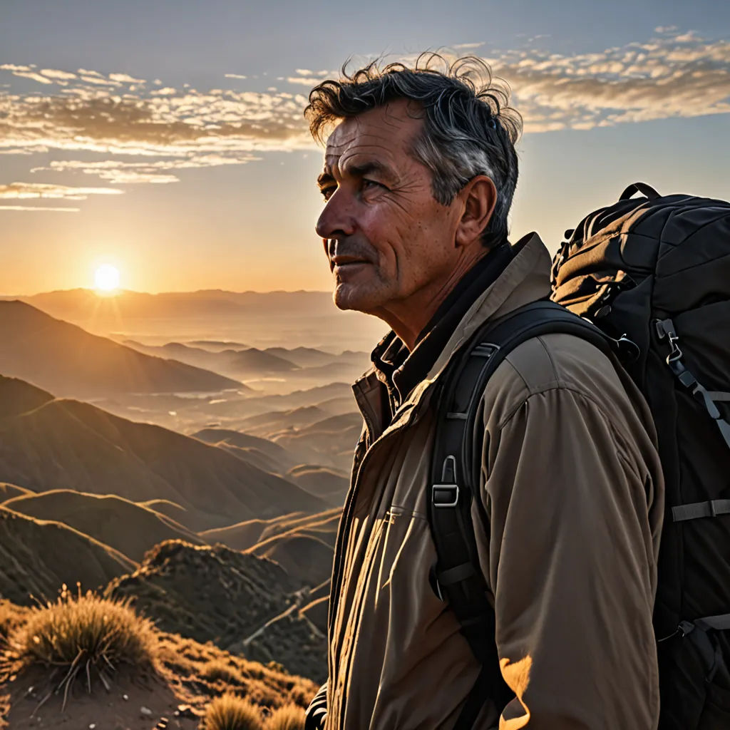 a man with a backpack on a mountain top at sunset with the sun setting behind him and mountains in the distance, art photography, a character portrait, David Garner, cinematic photography
