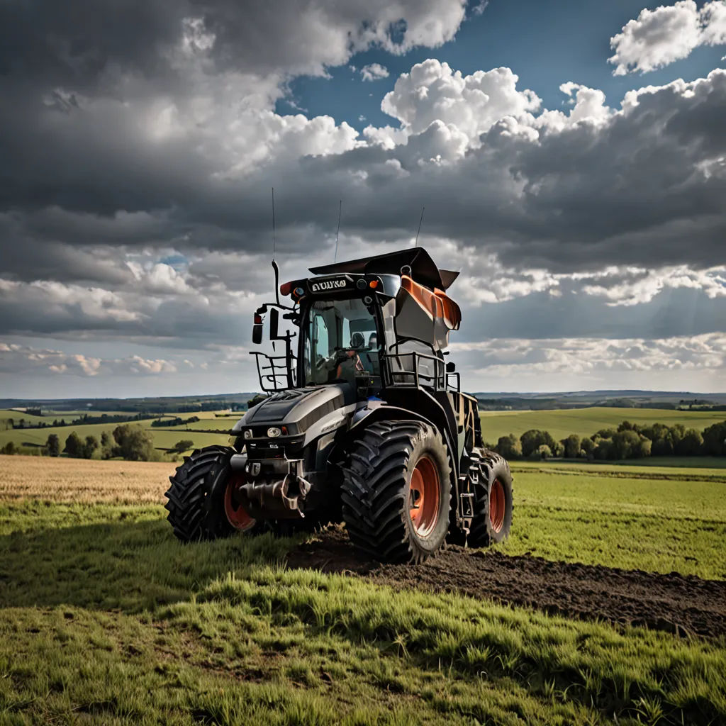 a tractor is driving through a field of grass and dirt on a cloudy day with a sky background and clouds, precisionism, a stock photo, Bernd Fasching, xf iq4