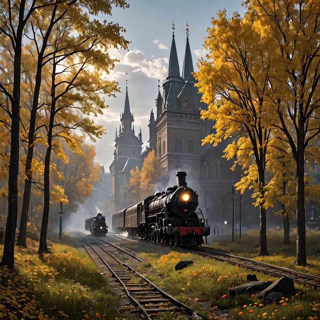 a train traveling down train tracks near a castle with trees and flowers on the side of it and a train passing by, fantasy art, a detailed matte painting, Evgeny Lushpin, cinematic matte painting