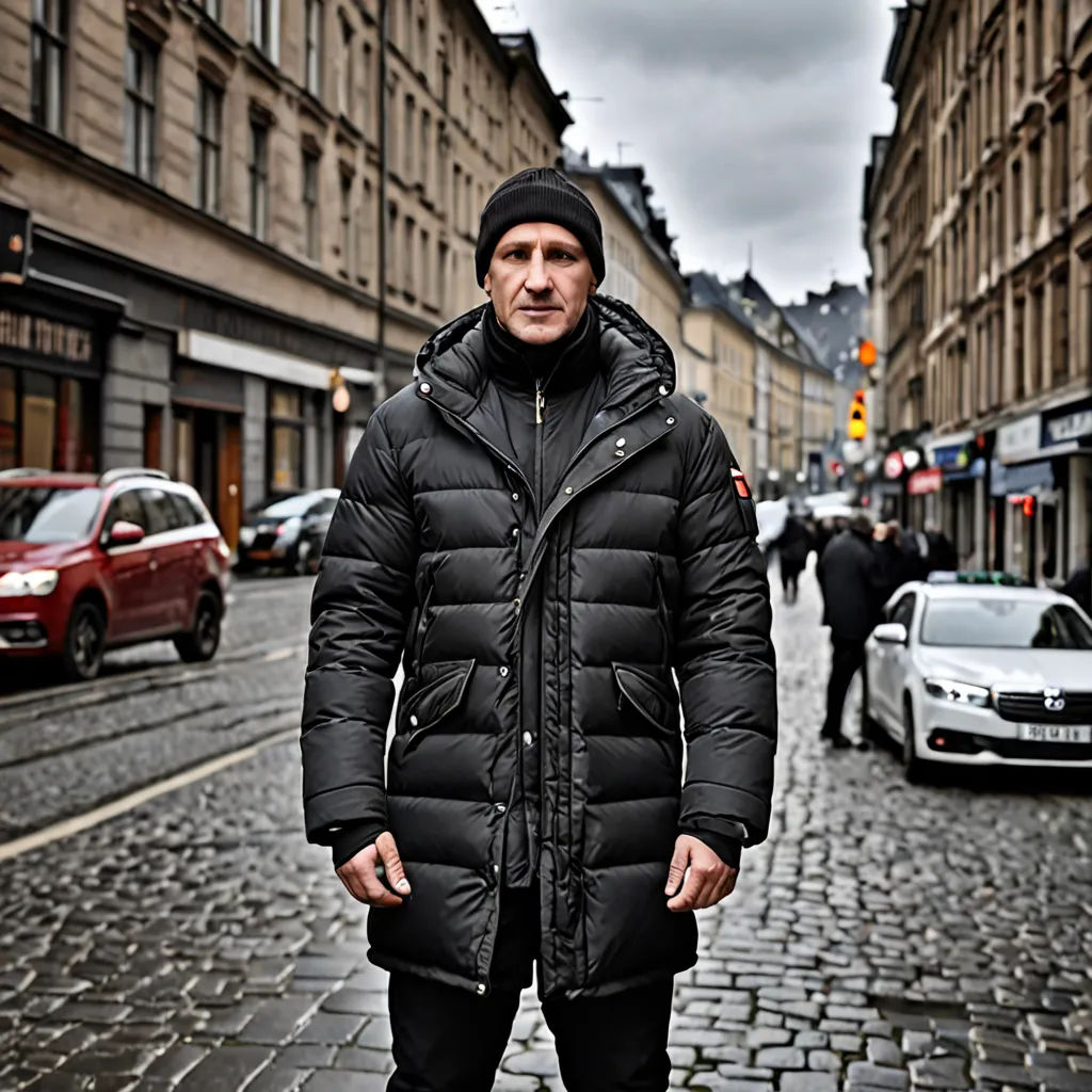 a man in a black coat standing on a cobblestone street in a city with cars parked on the side of the street, viennese actionism, a character portrait, Artur Grottger, promotional image