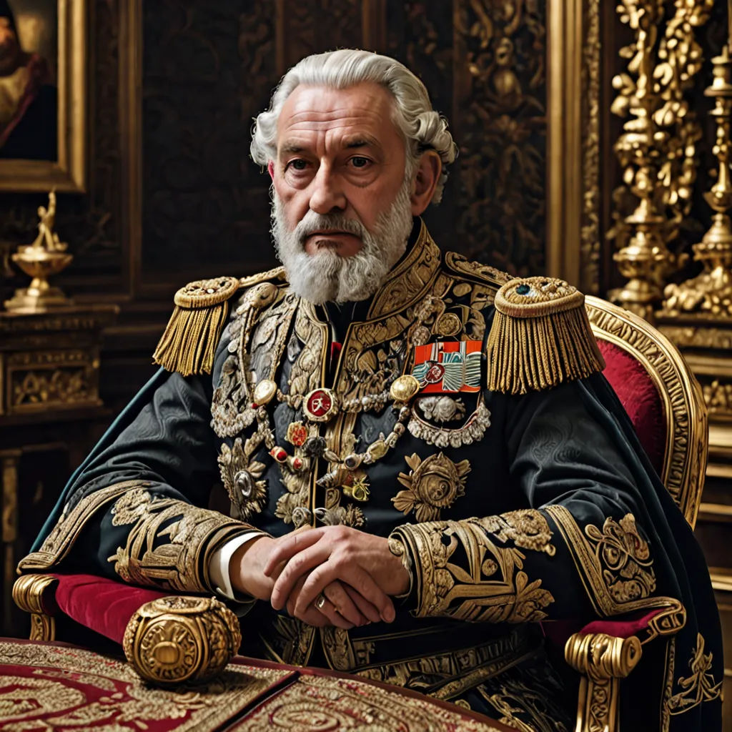 a man in a regal outfit sitting in a chair in a room with gold and red decor and a gold framed painting, classical realism, a hyperrealistic painting, Alexander V. Kuprin, vfx