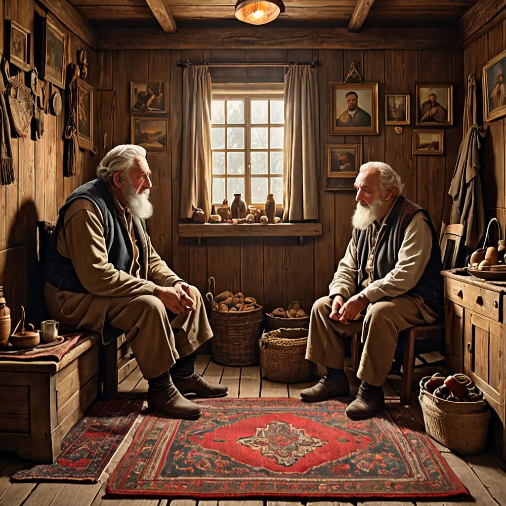 two men sitting in a room with a rug and a window in the background with pictures on the wall, art photography, computer graphics, Arie Smit, award - winning photography