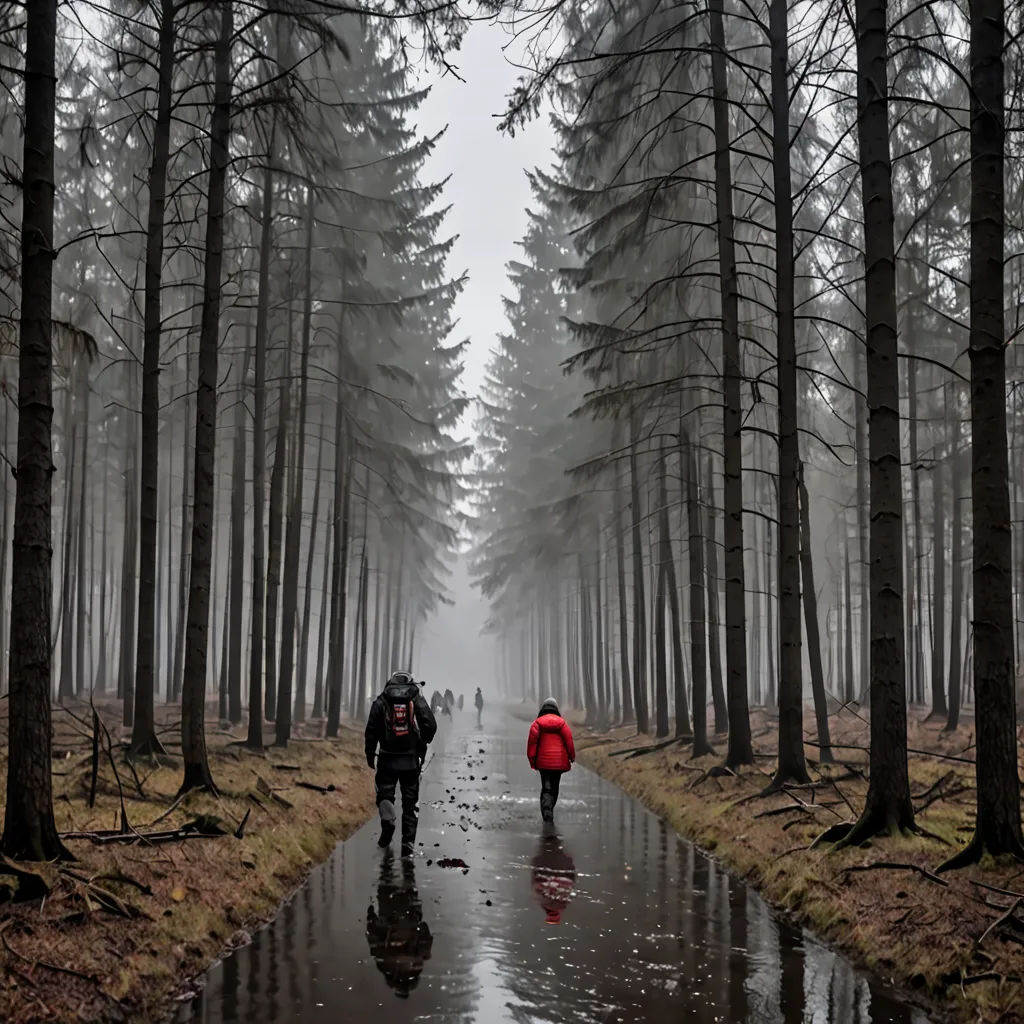 two people walking down a path in the woods on a rainy day with umbrellas on the ground and trees on the other side, german romanticism, a stock photo, Daniel Lieske, award - winning photo
