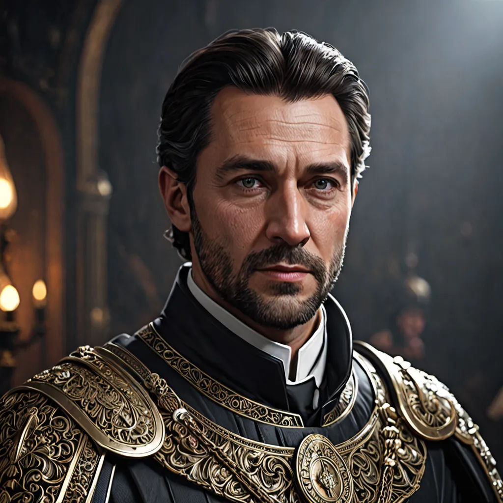 a man in a black and gold outfit in a dark room with lights on the ceiling and a chandelier, sots art, a character portrait, Derek Hill, unreal engine highly rendered