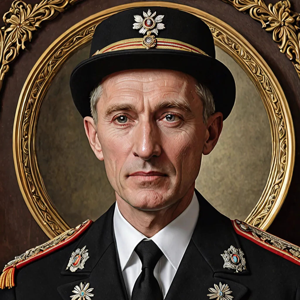 a man in a military uniform in front of a gold frame with a wreath around it and a medal on his neck, hyperrealism, a hyperrealistic painting, Dino Valls, photorealistic portrait
