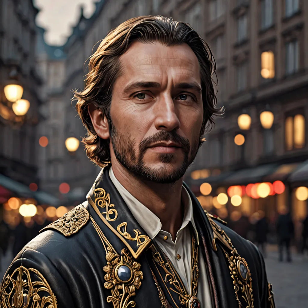 a man in a black and gold jacket standing in a street at night with lights on the buildings behind him, photorealism, a photorealistic painting, Aladár Körösfői-Kriesch, j. c. leyendecker 8 k
