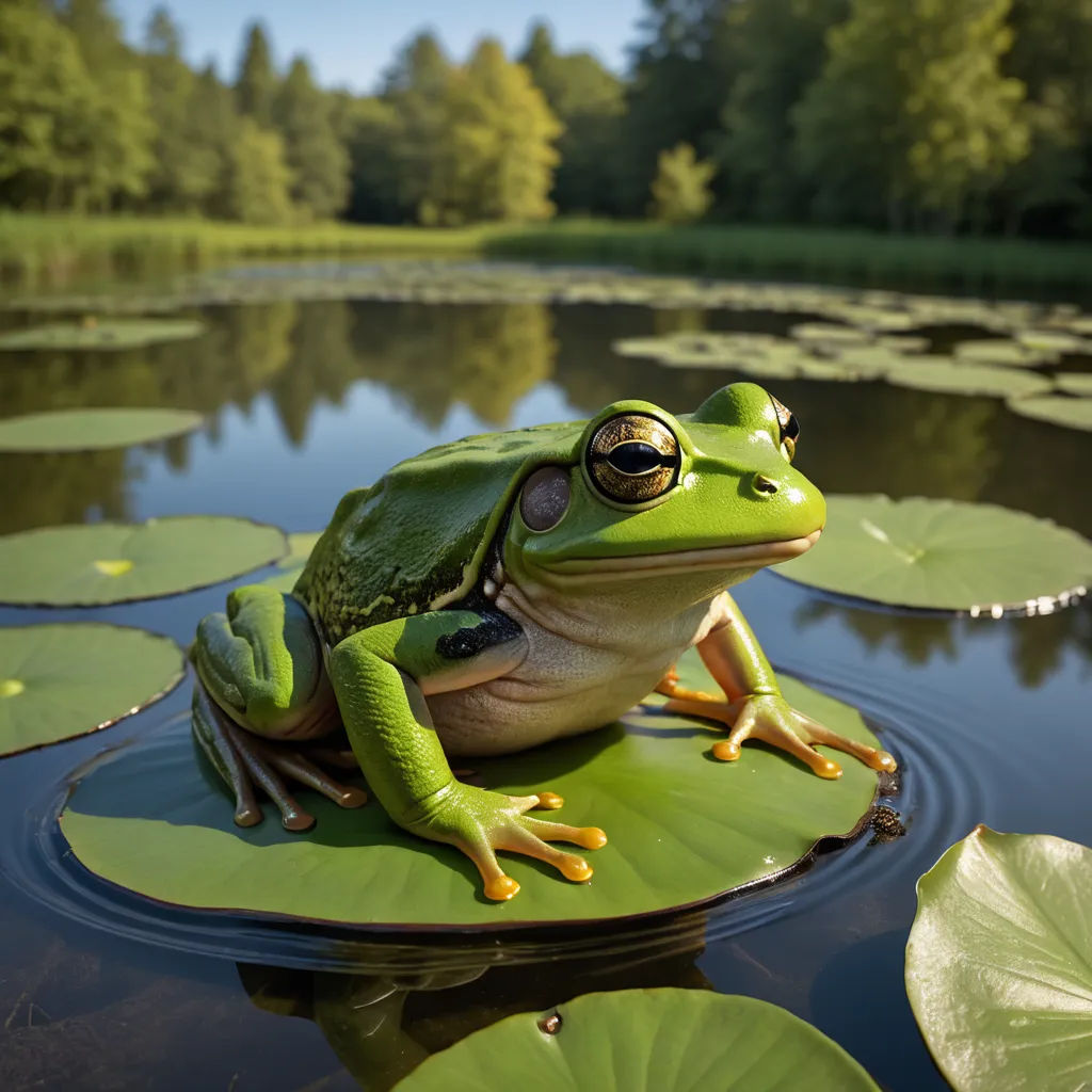 a frog sitting on a lily pad in a pond with lily pads around it and trees in the background, ecological art, a photorealistic painting, Andries Stock, award-winning photograph