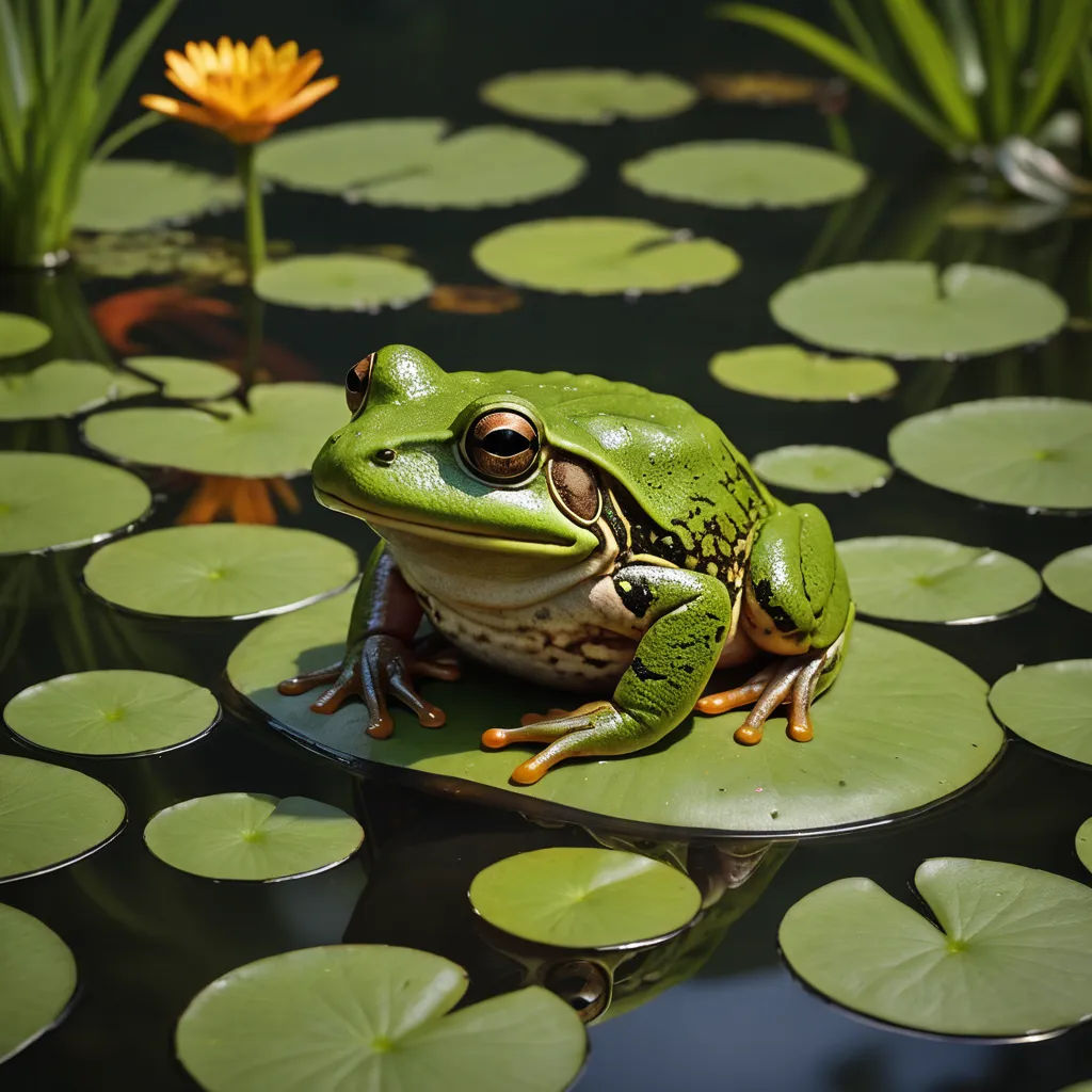 a frog sitting on top of a lily pad in a pond of water lilies and lily pads surrounding it, ecological art, a stock photo, Andries Stock, award-winning photograph