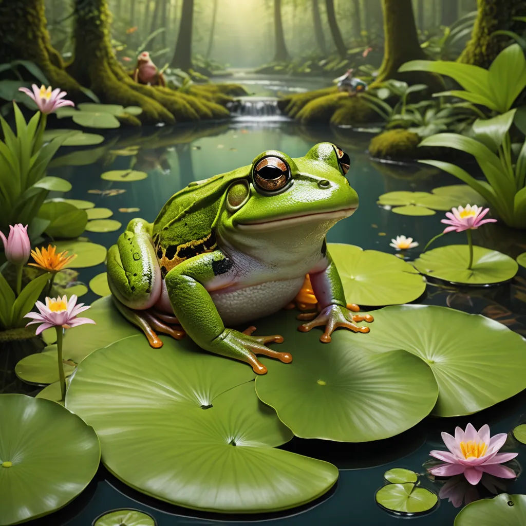 a frog sitting on a lily pad in a pond with lily pads around it and a frog in the background, fantasy art, a digital rendering, Chris LaBrooy, highly detailed digital painting