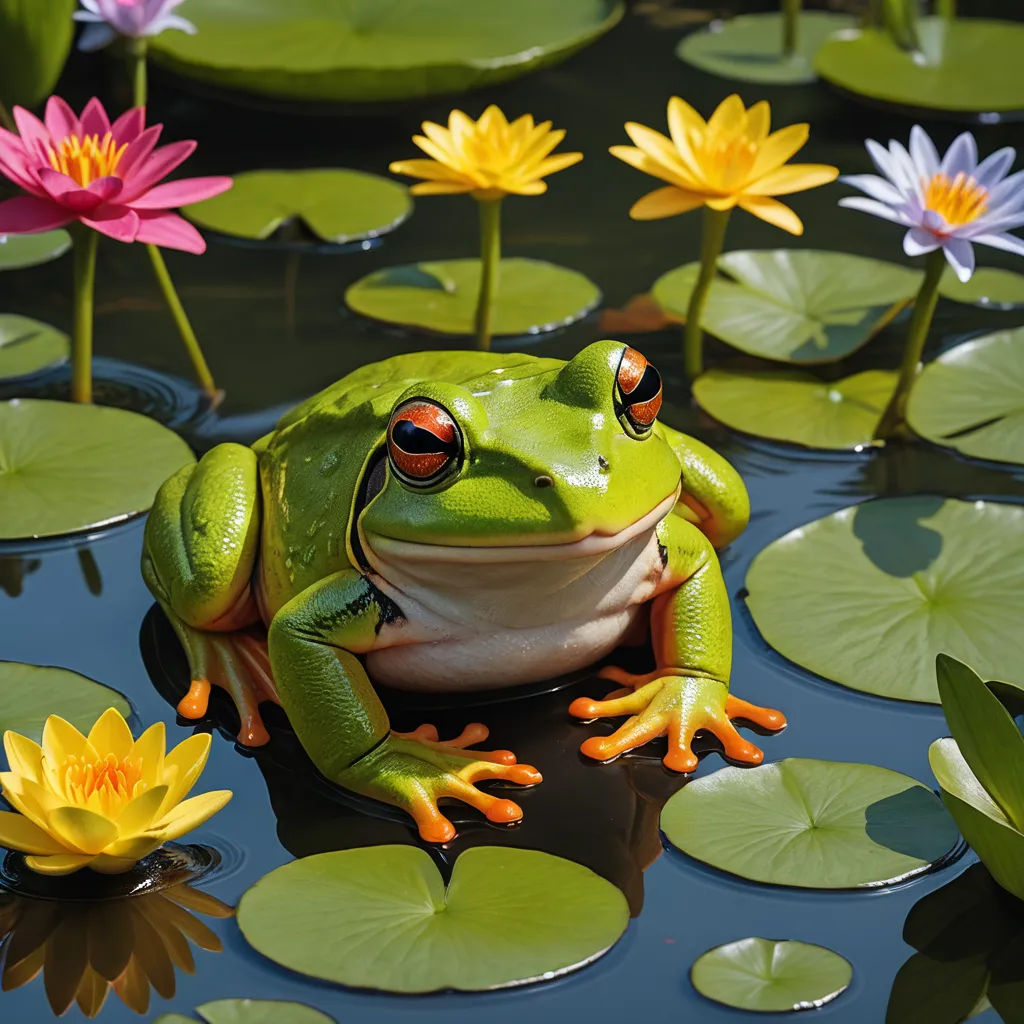 a frog sitting on top of a lily pad in a pond with water lillies around it and a pink flower, ecological art, a stock photo, Andries Stock, green