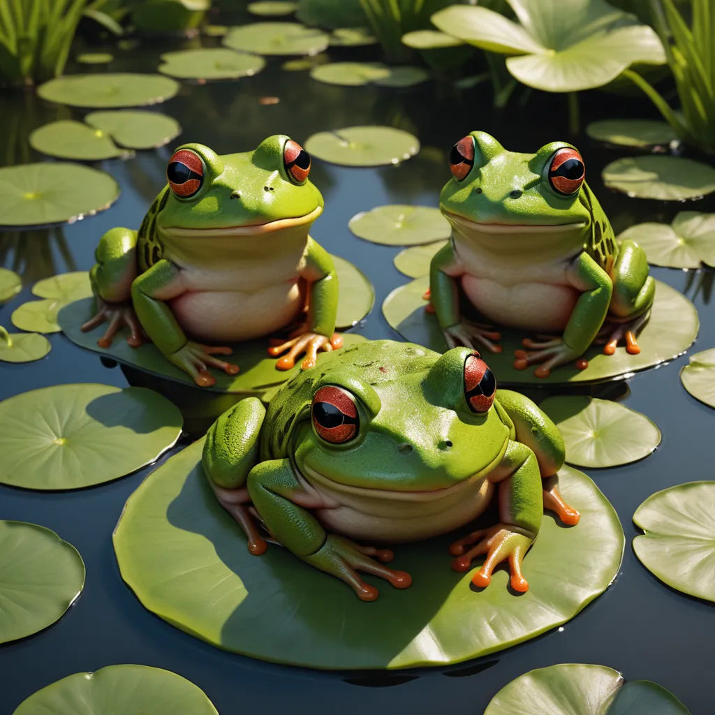 two frogs sitting on top of a lily pad in a pond of water lilies with lily pads surrounding them, photorealism, a 3D render, Chris LaBrooy, unreal engine render
