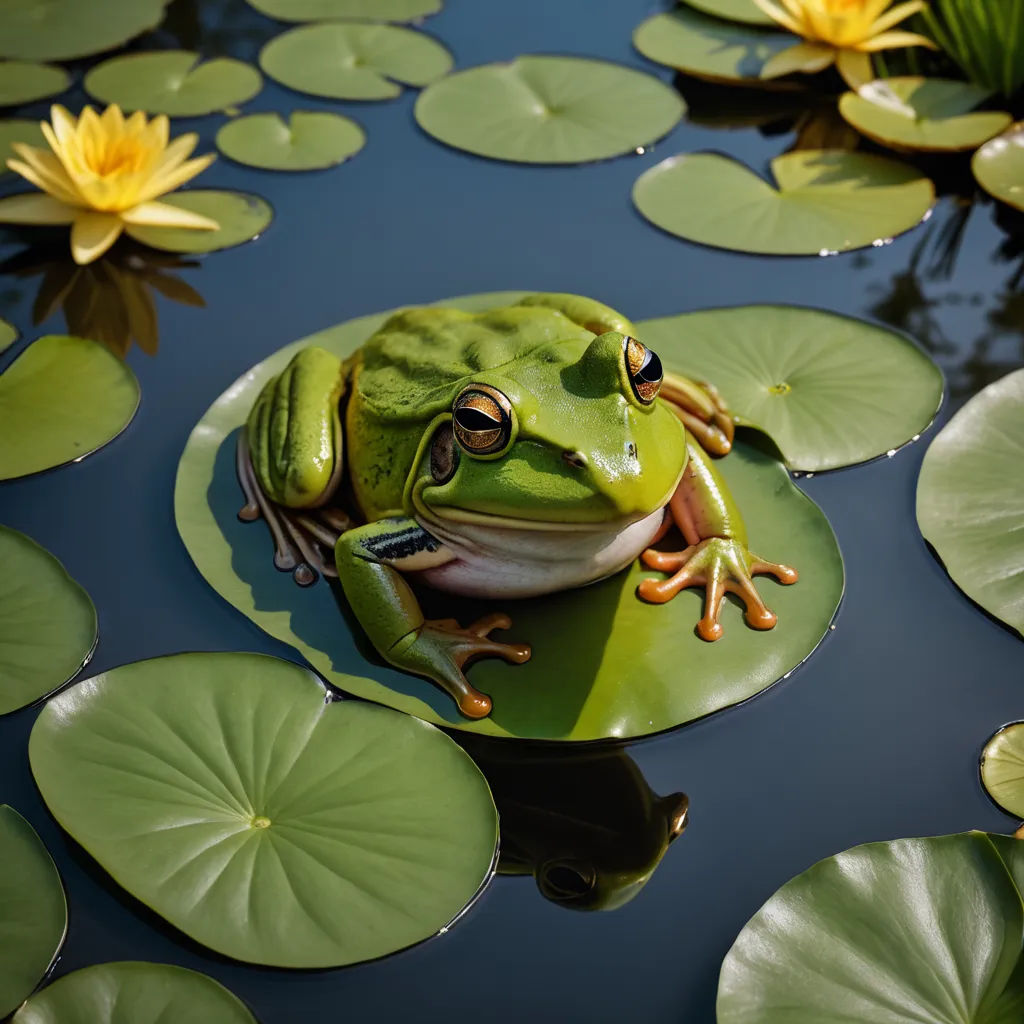 a frog sitting on top of a lily pad in a pond of water lilies and lily pads surrounding it, photorealism, a 3D render, Chris LaBrooy, photoreal