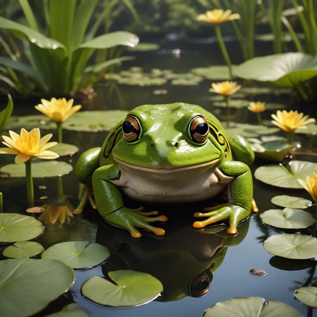 a frog sitting on top of a lily pad in a pond of water lilies and lily pads surrounding it, ecological art, a 3D render, Andries Stock, 4k uhd image