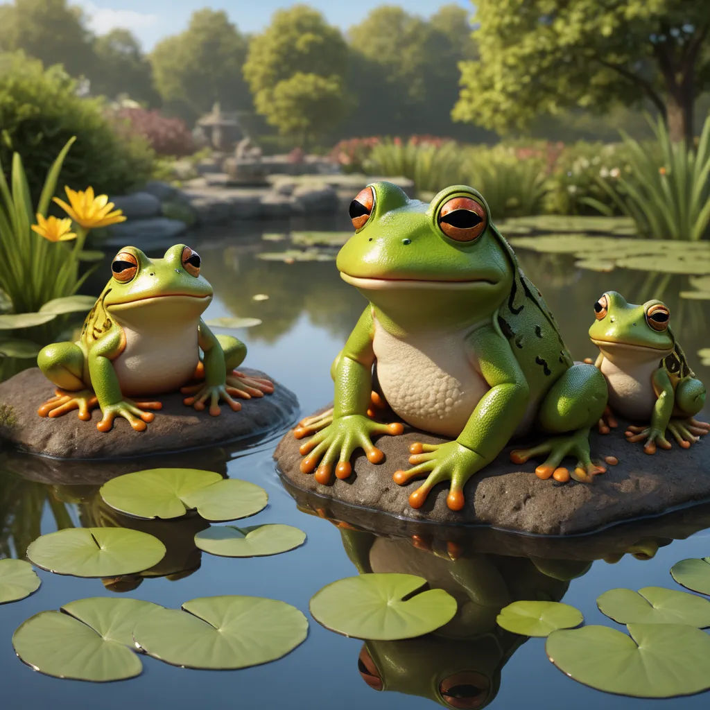 two frogs sitting on a rock in a pond with lily pads and a pond house in the background with a pond and lily pads, photorealism, a 3D render, Chris LaBrooy, unreal engine 5 quality render