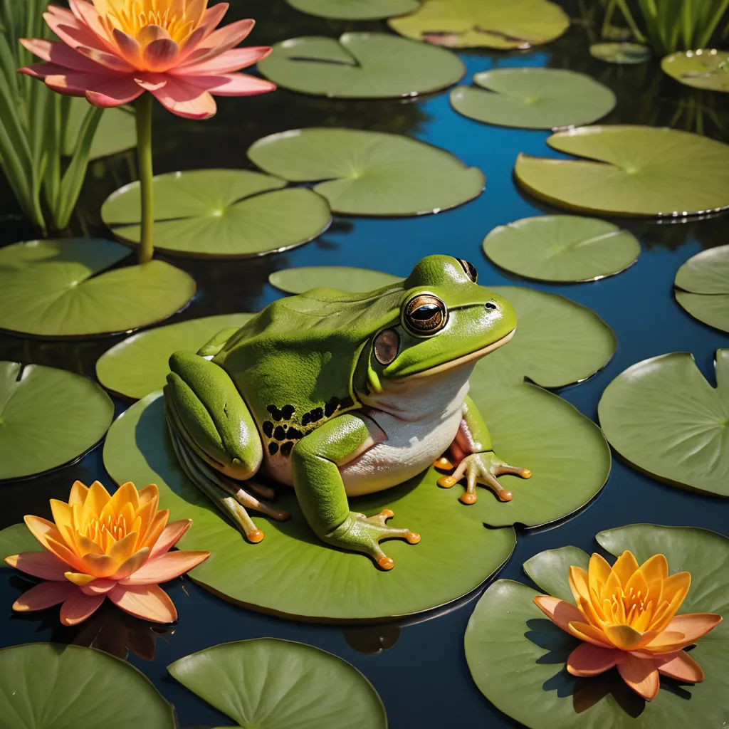 a frog sitting on a lily pad in a pond with lily pads around it and a pink flower in the background, ecological art, a photorealistic painting, Andries Stock, highly detailed digital painting