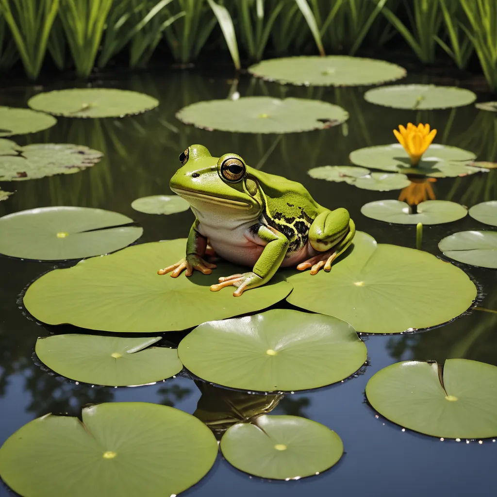 a frog sitting on a lily pad in a pond with lily pads around it and a yellow flower in the background, ecological art, a stock photo, Andries Stock, award-winning photograph
