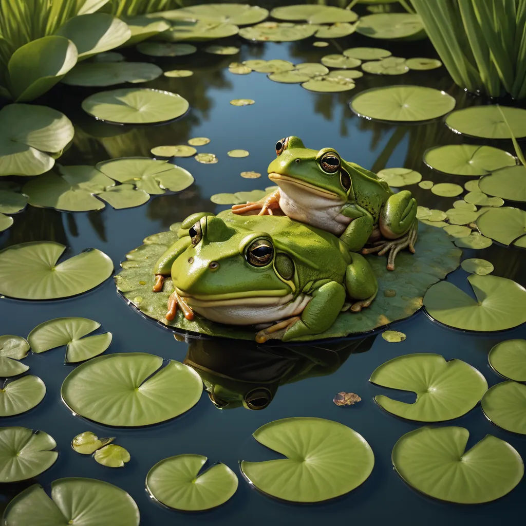 two frogs sitting on a lily pad in a pond with lily pads around them and lily pads around them, photorealism, a photorealistic painting, Chris LaBrooy, highly detailed digital painting