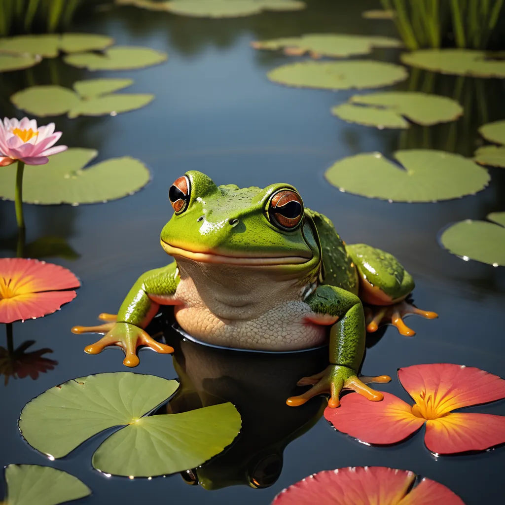 a frog sitting on top of a pot in a pond of water lilies and lily pads with a pink flower, cloisonnism, a 3D render, Andries Stock, award-winning photograph