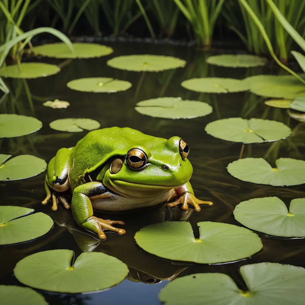a frog sitting on top of a lily pad in a pond of water lilies and lily pads surrounding it, ecological art, a stock photo, Andries Stock, award-winning photograph