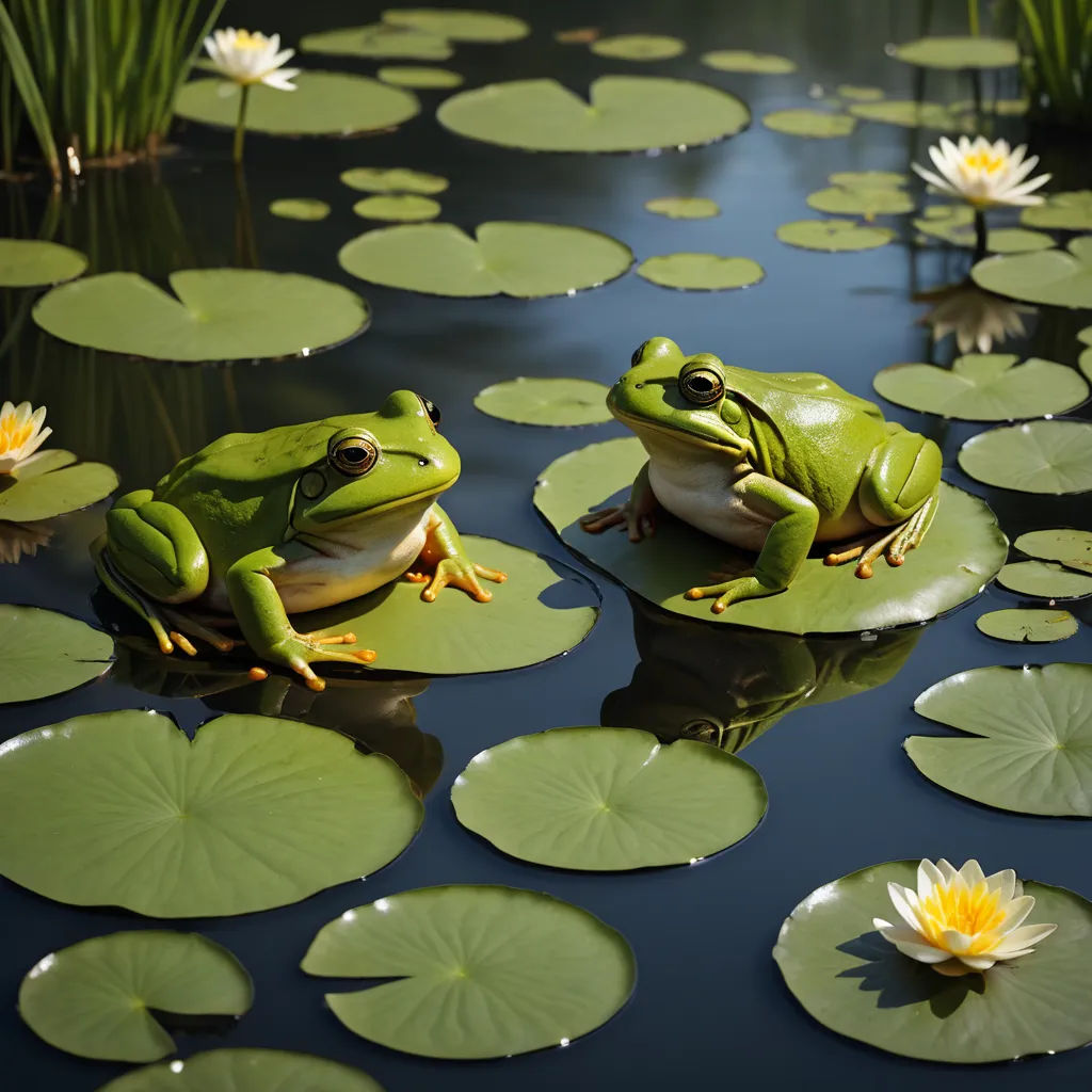 two frogs sitting on lily pads in a pond with lily pads around them and lily pads on the water, ecological art, a photorealistic painting, Andries Both, award-winning photograph
