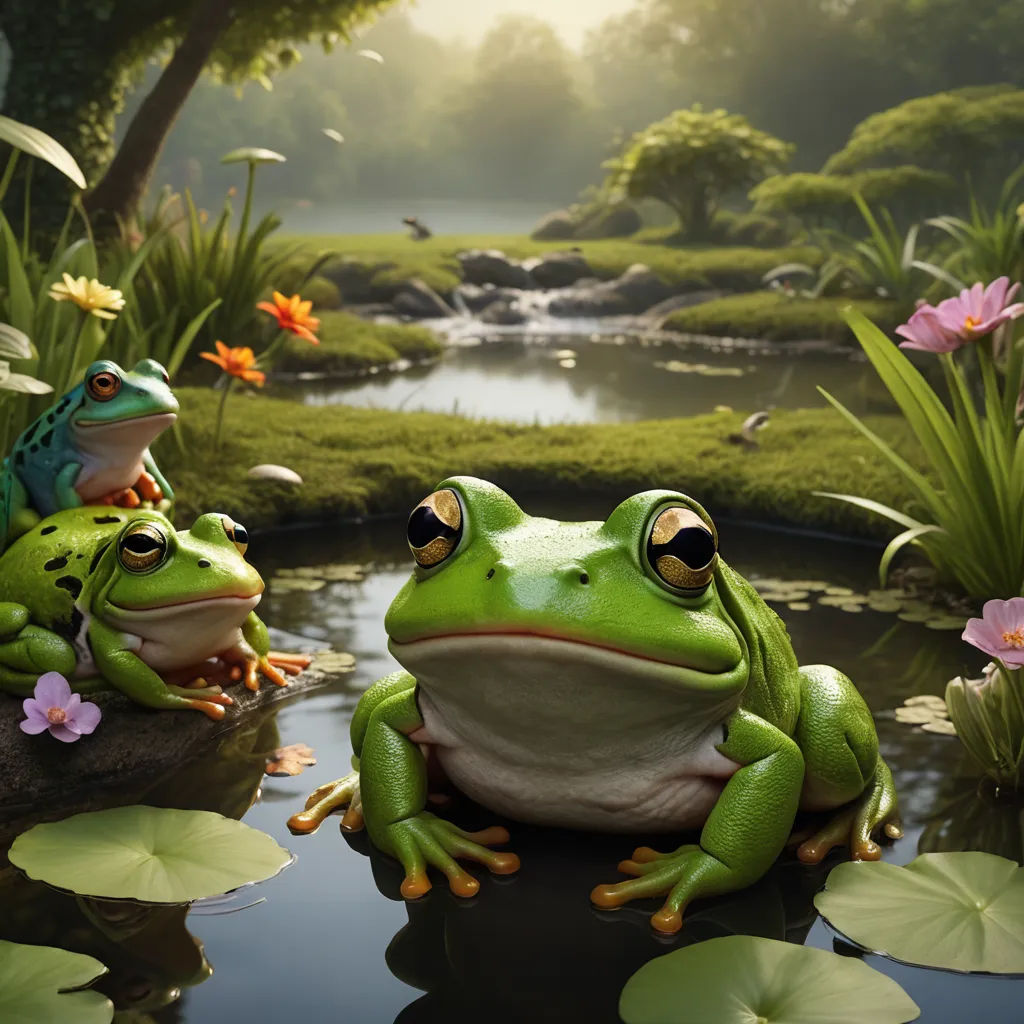 two frogs sitting on a lily pad in a pond of water with lily pads around them and a pond of water lilies, photorealism, a 3D render, Chris LaBrooy, behance hd