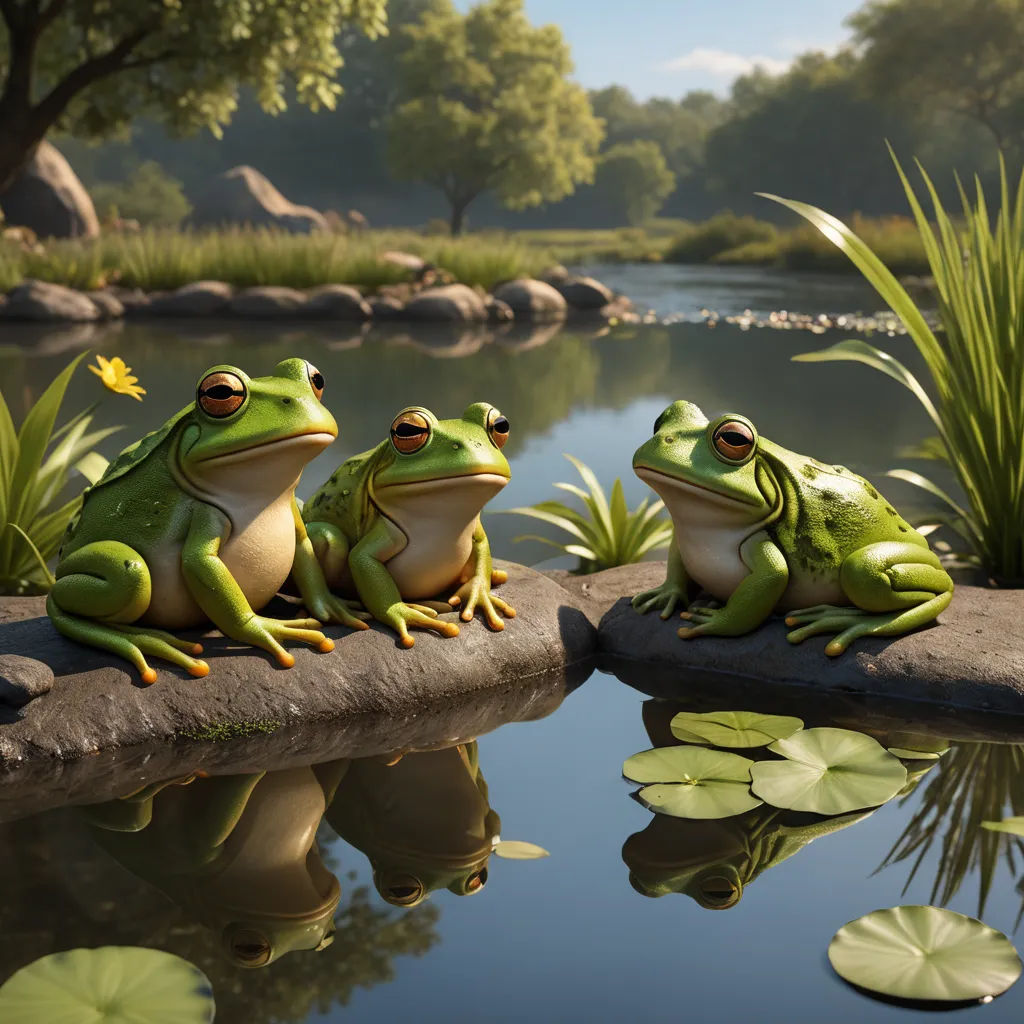 three frogs sitting on a rock in front of a pond with lily pads and a lily pad in the foreground, photorealism, a 3D render, Chris LaBrooy, unreal engine 5 quality render
