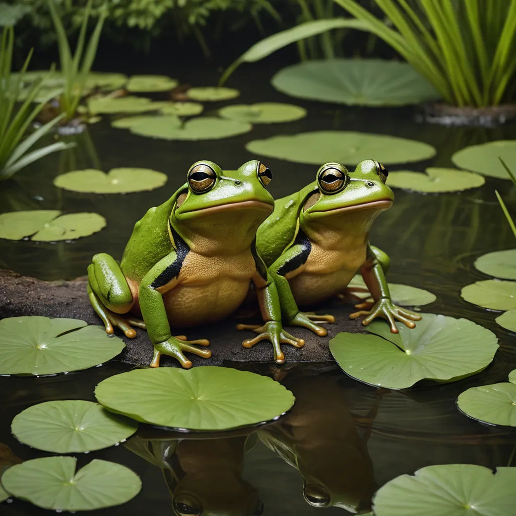 two frogs sitting on a lily pad in a pond with lily pads around them and a lily pad in the foreground, ecological art, a stock photo, Andries Both, award-winning photograph