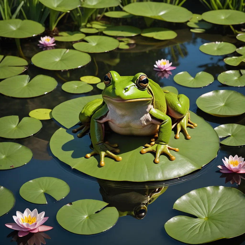 a frog sitting on a lily pad in a pond with lily pads around it and lily pads around it, ecological art, a stock photo, Andries Stock, award-winning photograph