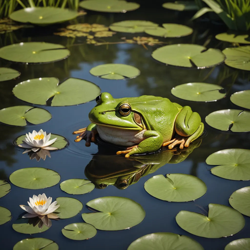 a frog sitting on top of a lily pad in a pond with lily pads around it and a lily pad in the water, ecological art, a stock photo, Andries Stock, award-winning photograph