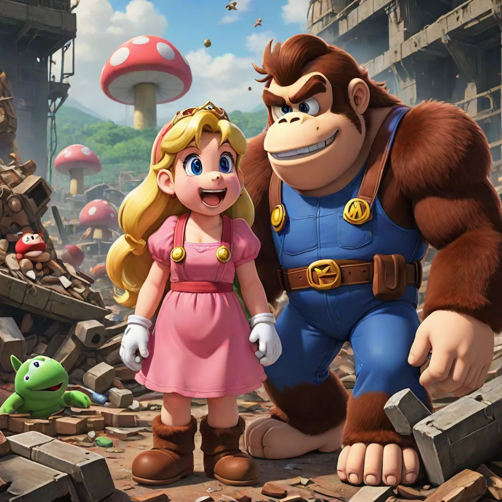 a nintendo donkey kong character and a girl in a pink dress standing in front of a giant gorilla in a rubble yard, sots art, concept art, Chris LaBrooy, official art