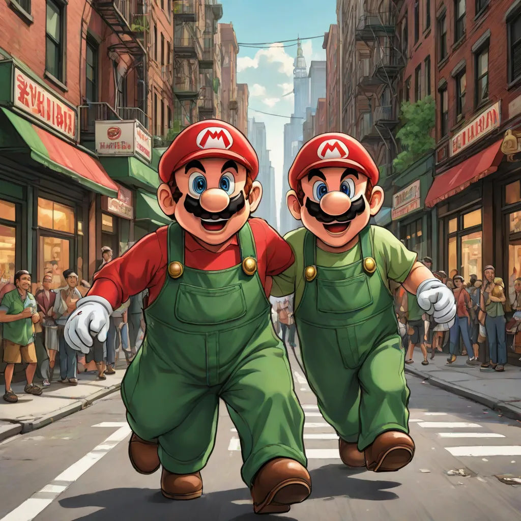 two mario brothers are walking down the street in front of a crowd of people in a city street with stores, fantastic realism, a comic book panel, Brothers Hildebrandt, official art