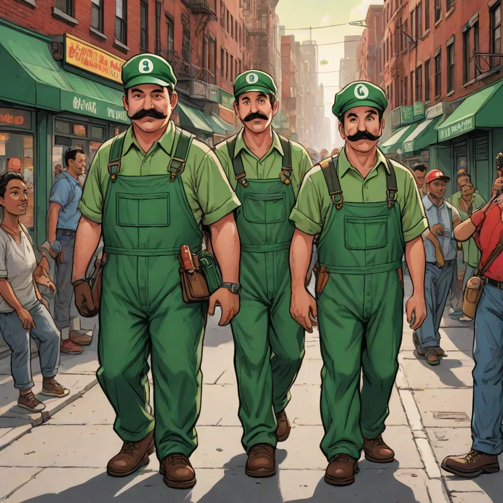 two men in green overalls standing in front of a crowd of people on a city street with a green awning, underground comix, concept art, Anthony Palumbo, official art