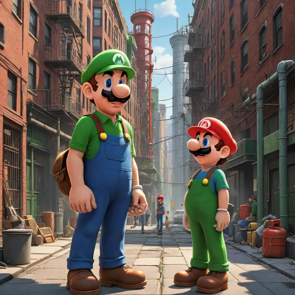 a couple of mario and luigi standing next to each other on a street in a city with tall buildings, sots art, concept art, Chris LaBrooy, official art